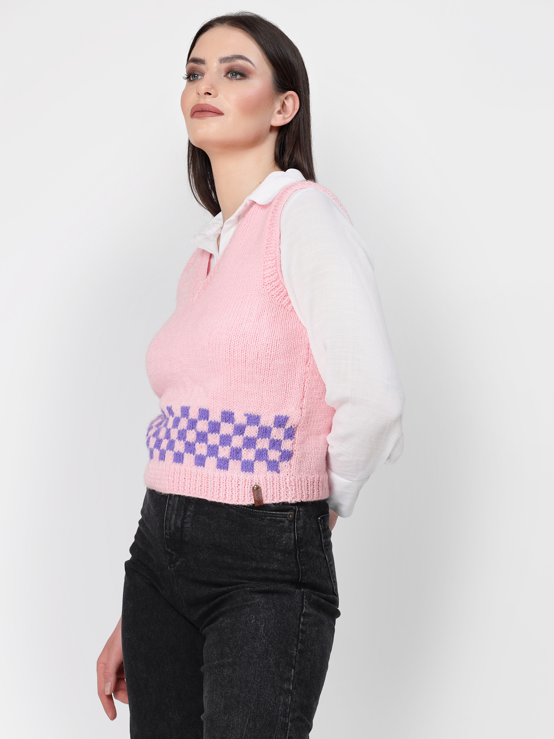 Handknitted Designer Check Sweater Vest for Women - Pink