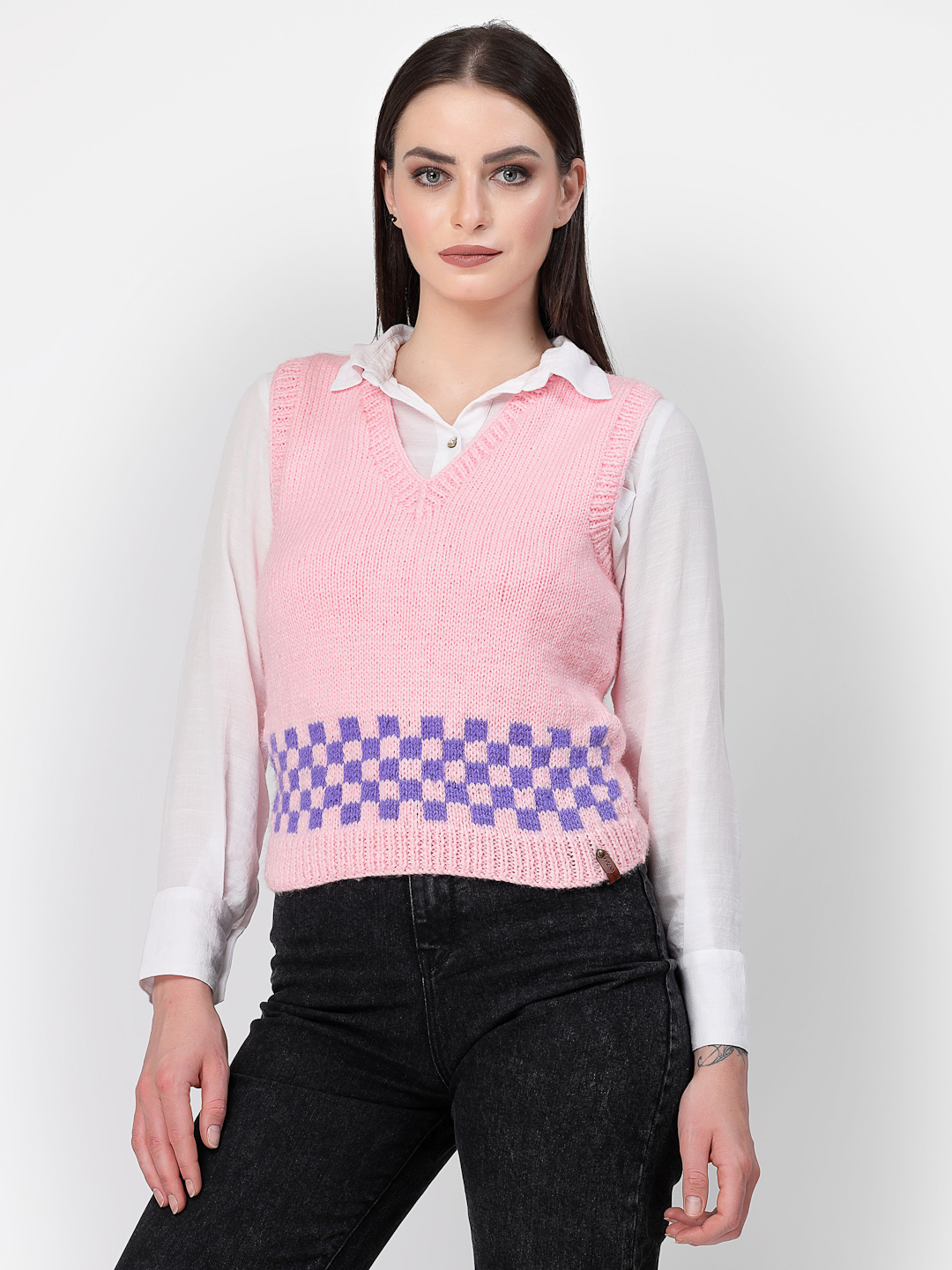 Handknitted Designer Check Sweater Vest for Women - Pink
