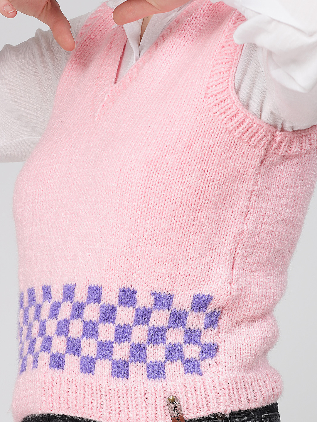Handknitted Designer Check Sweater Vest for Women - Pink
