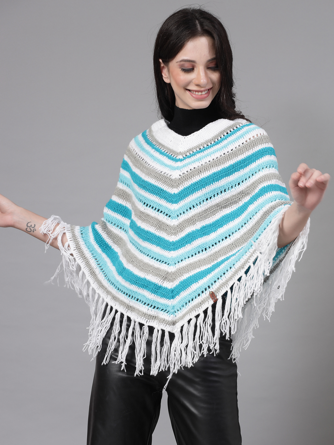 Chevron Knit Poncho for Women with Fringe Trim - Multi