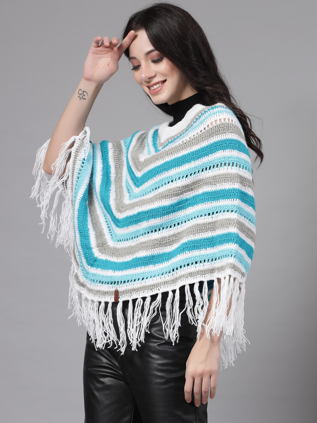 Chevron Knit Poncho for Women with Fringe Trim - Multi