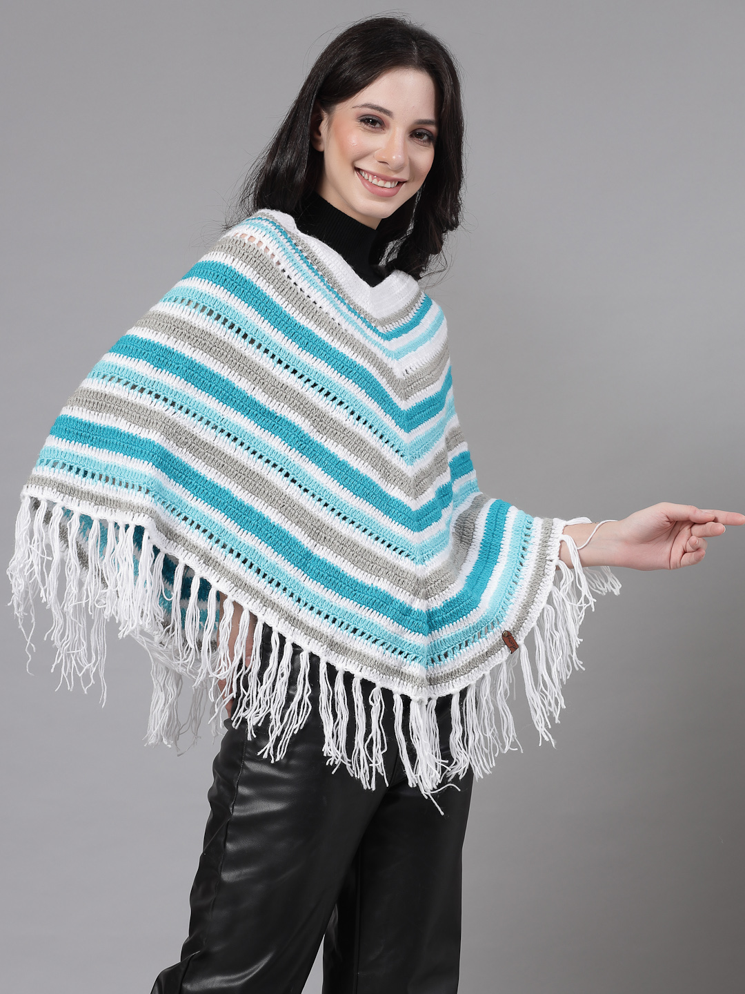 Chevron Knit Poncho for Women with Fringe Trim - Multi