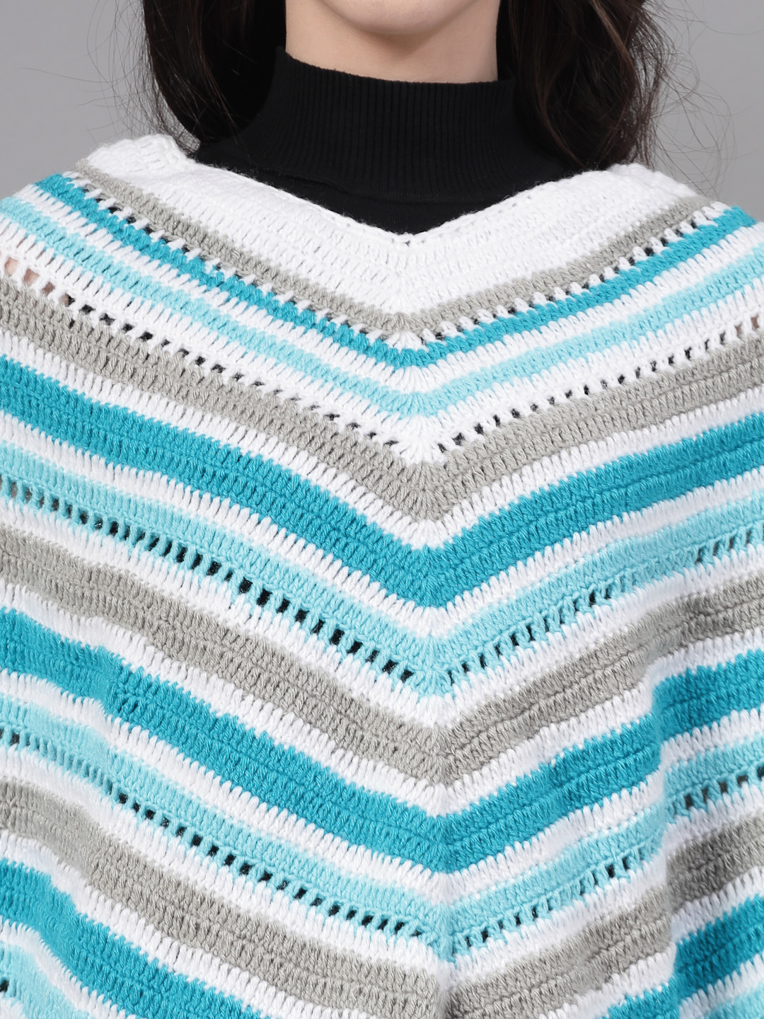 Chevron Knit Poncho for Women with Fringe Trim - Multi