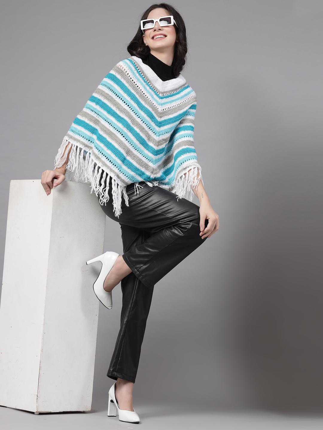 Chevron Knit Poncho for Women with Fringe Trim - Multi