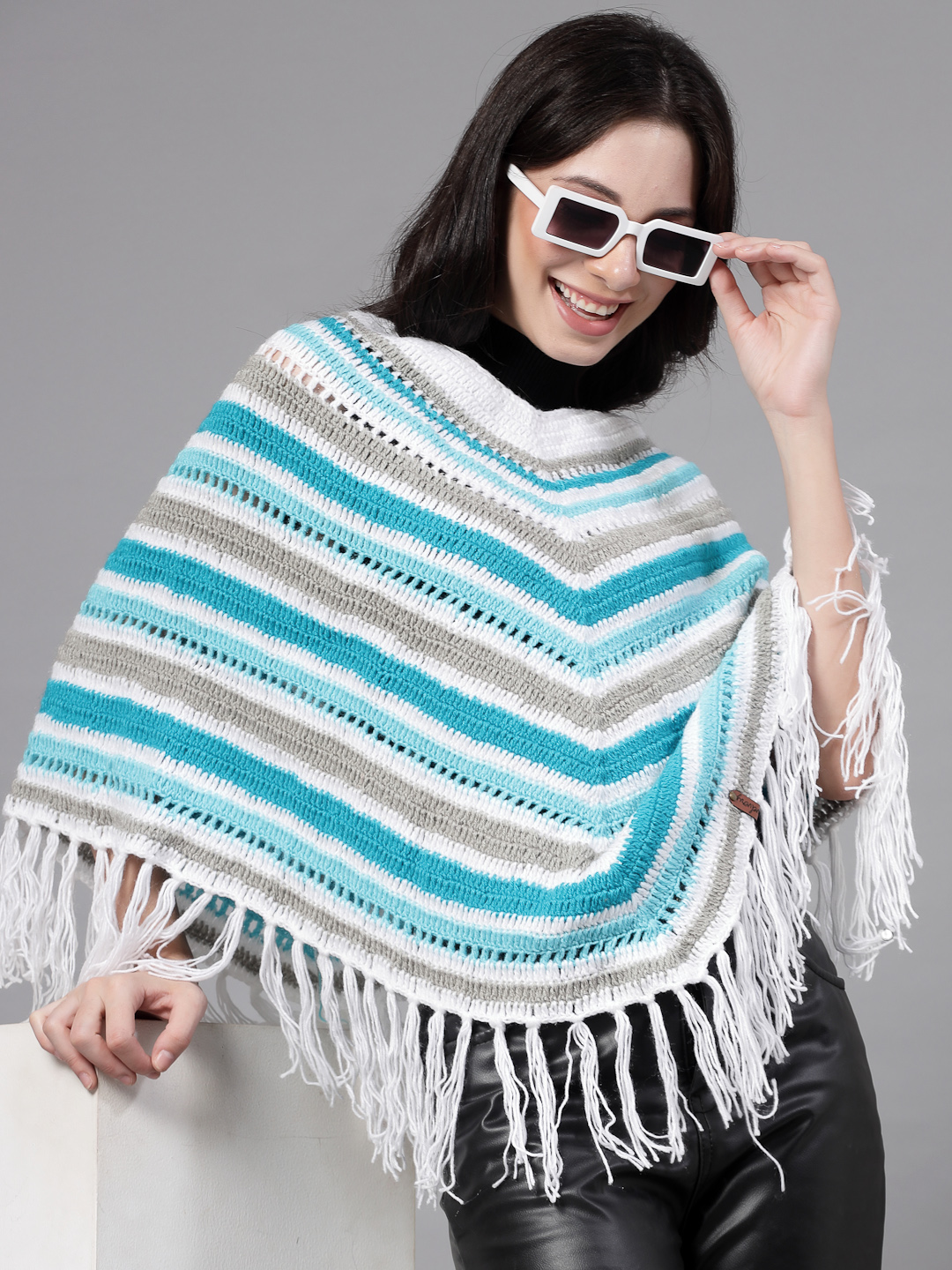 Chevron Knit Poncho for Women with Fringe Trim - Multi
