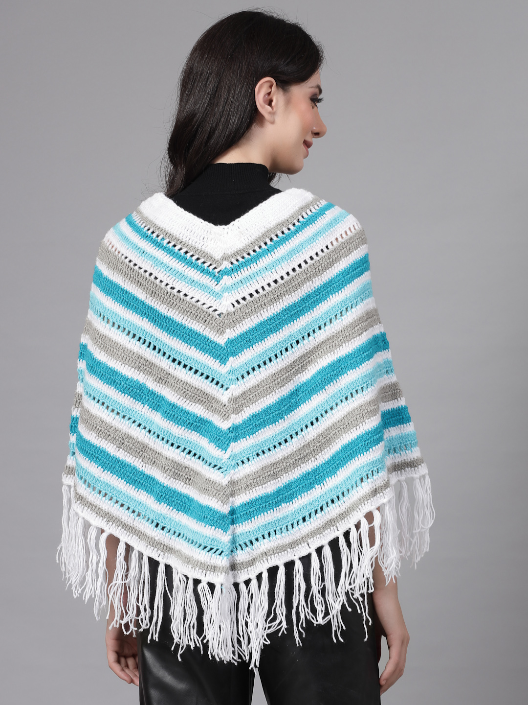 Chevron Knit Poncho for Women with Fringe Trim - Multi