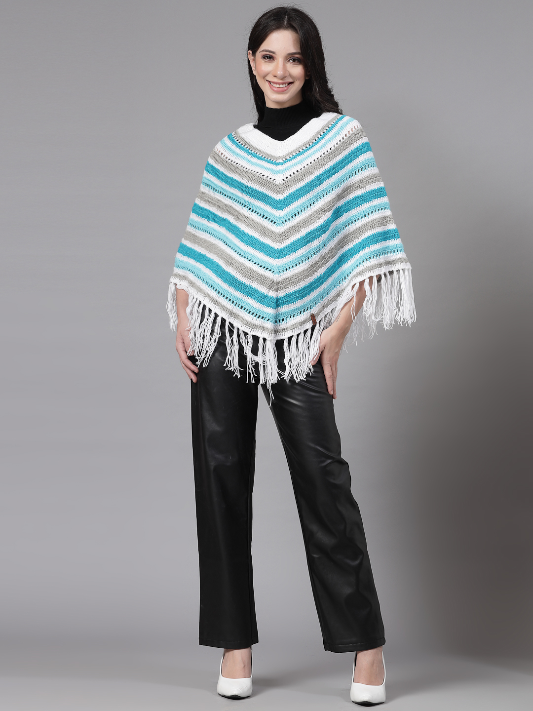 Chevron Knit Poncho for Women with Fringe Trim - Multi