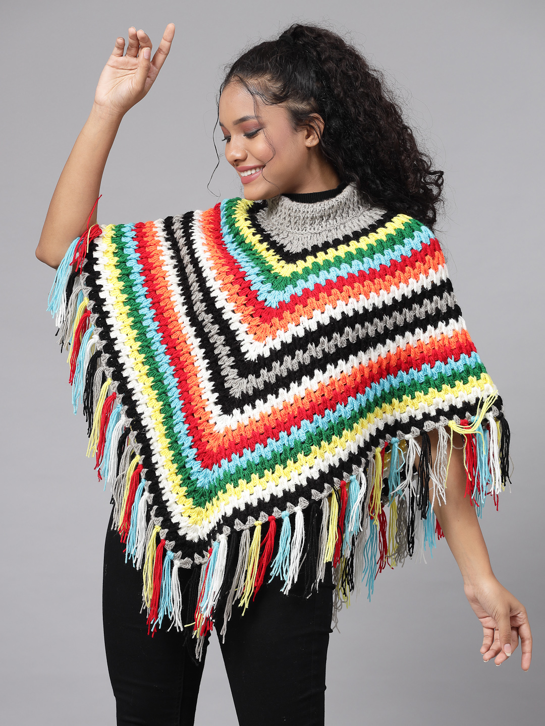 Chevron Pattern Poncho for Women with Fringe Trim - Multi