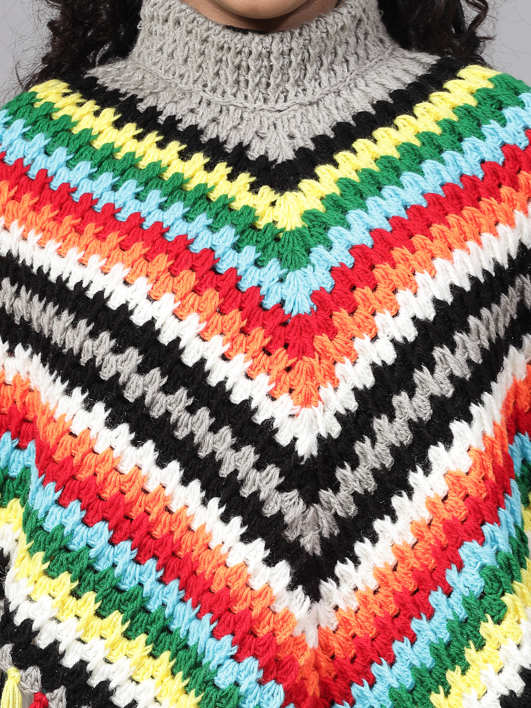 Chevron Pattern Poncho for Women with Fringe Trim - Multi