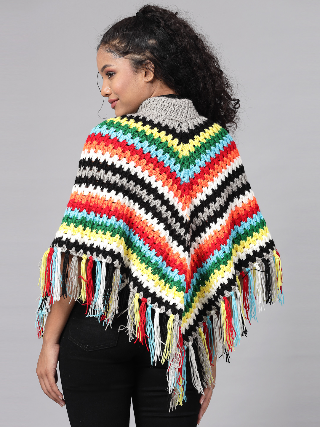Chevron Pattern Poncho for Women with Fringe Trim - Multi