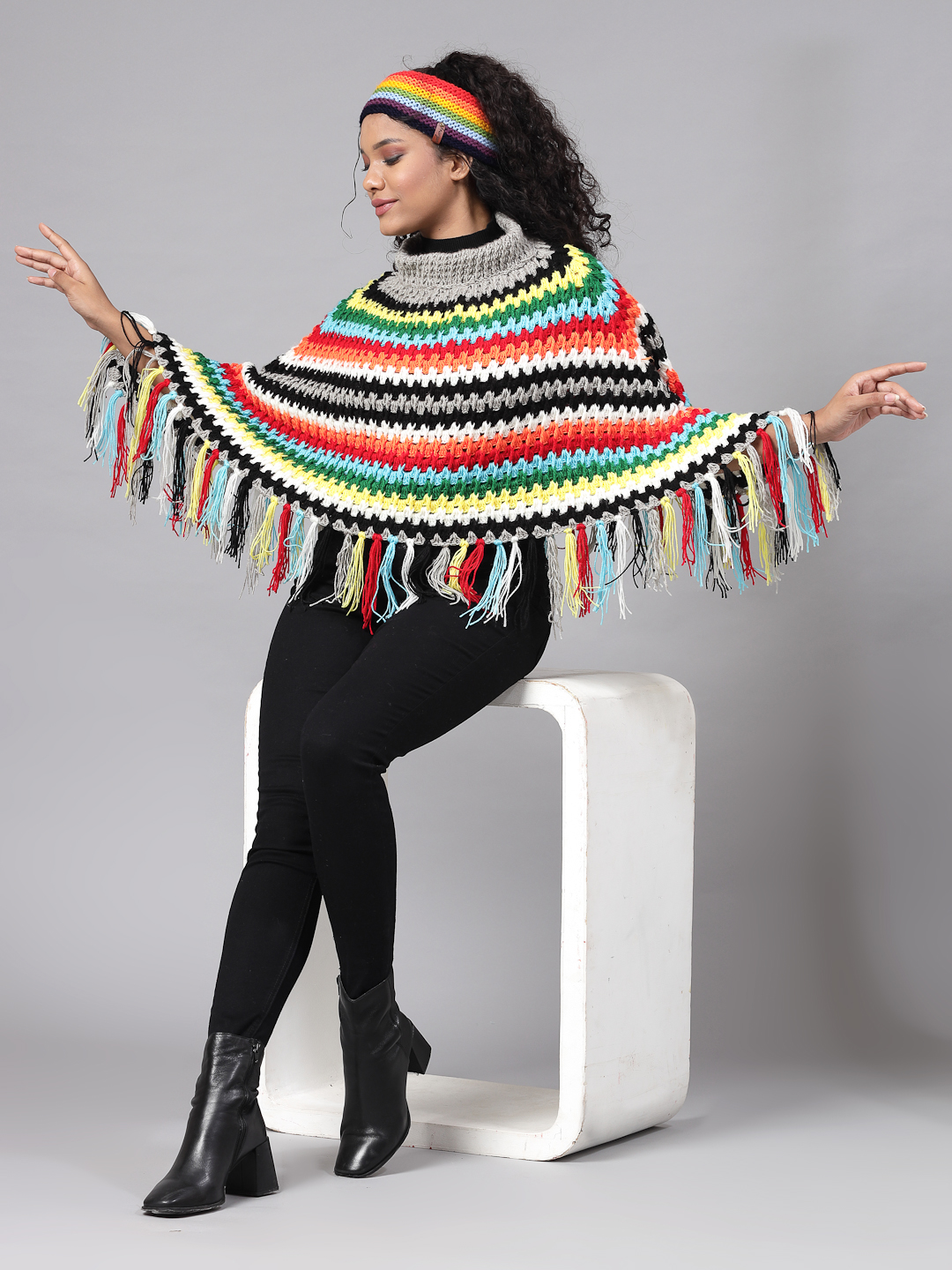 Chevron Pattern Poncho for Women with Fringe Trim - Multi