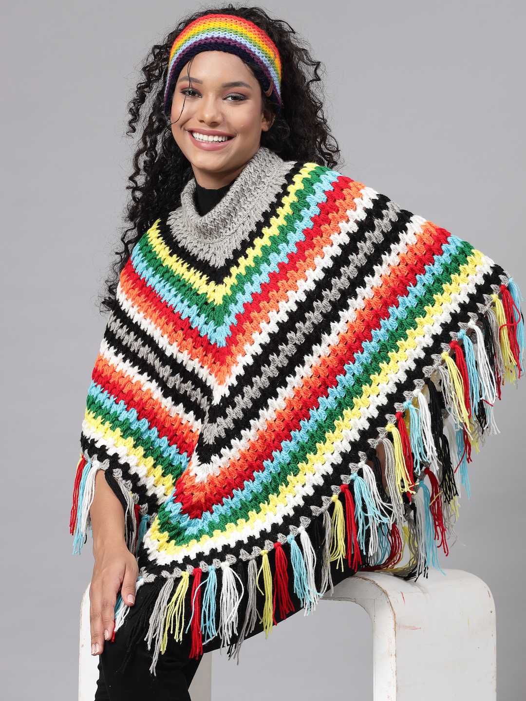 Chevron Pattern Poncho for Women with Fringe Trim - Multi