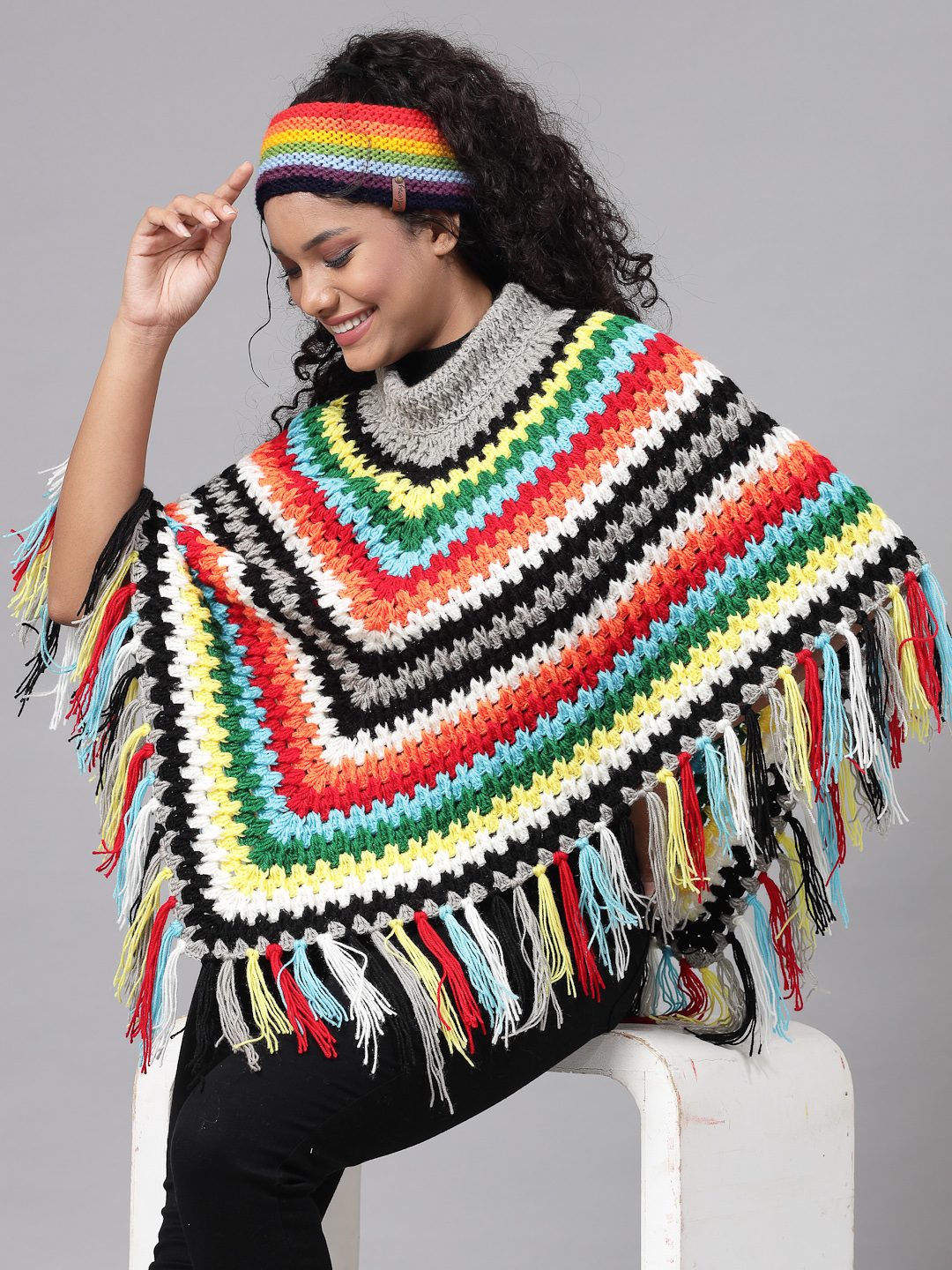 Chevron Pattern Poncho for Women with Fringe Trim - Multi