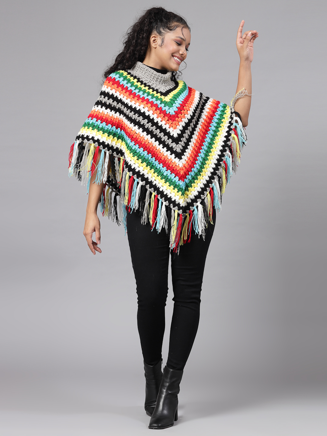 Chevron Pattern Poncho for Women with Fringe Trim - Multi