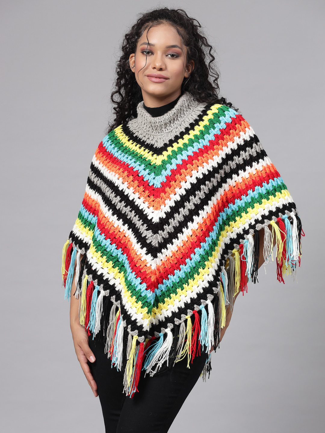 Chevron Pattern Poncho for Women with Fringe Trim - Multi
