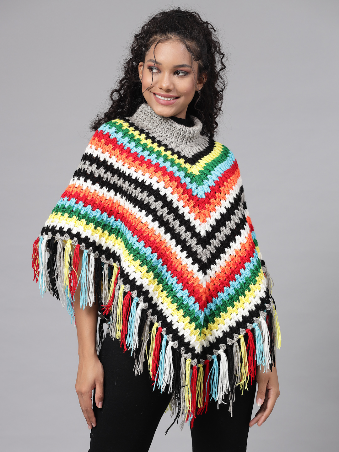 Chevron Pattern Poncho for Women with Fringe Trim - Multi