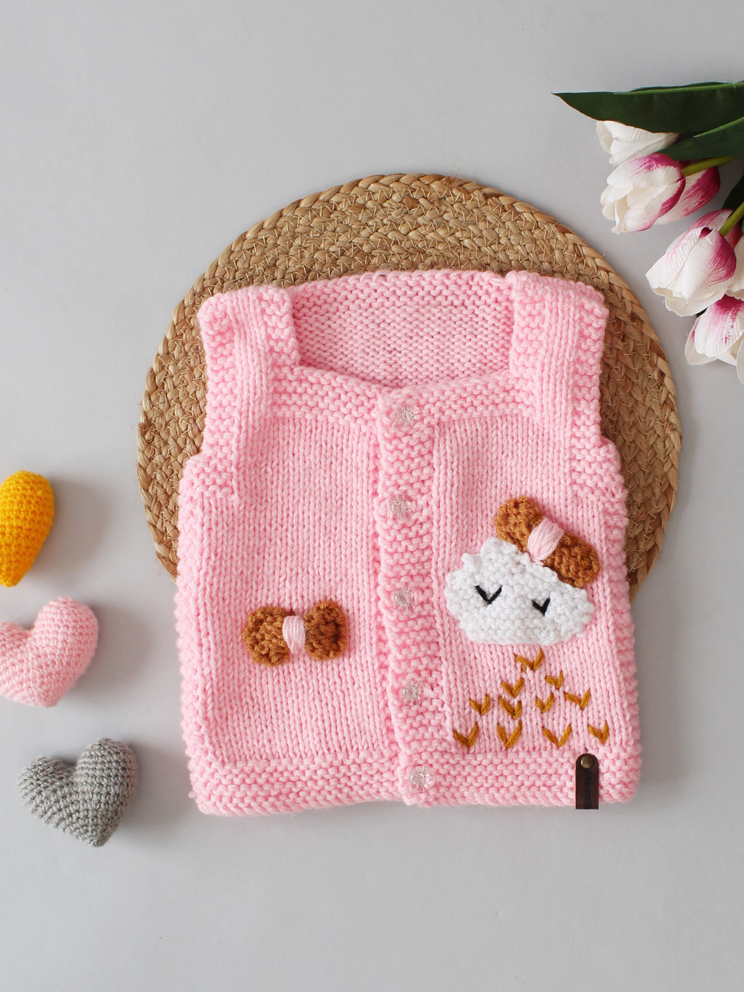 Handmade Cloud & Bow Detailing New Born Thermal Wear-Pink