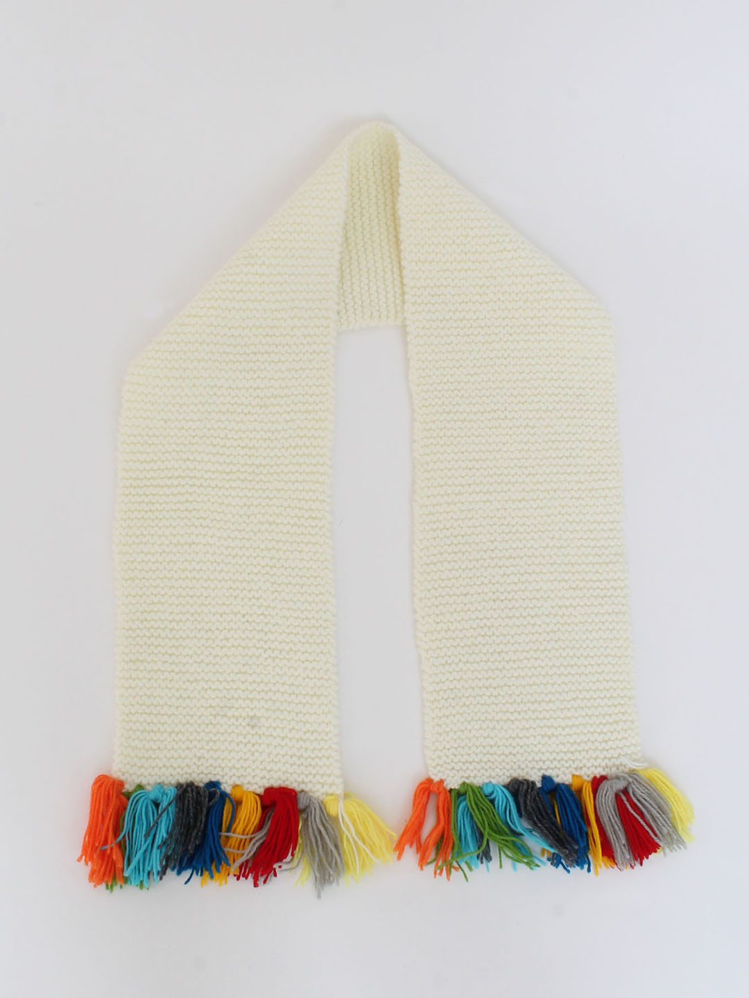 Woonie Handmade Knitted Muffler With Multi Tassel-Off-White