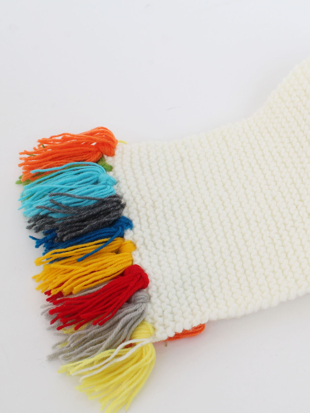 Woonie Handmade Knitted Muffler With Multi Tassel-Off-White