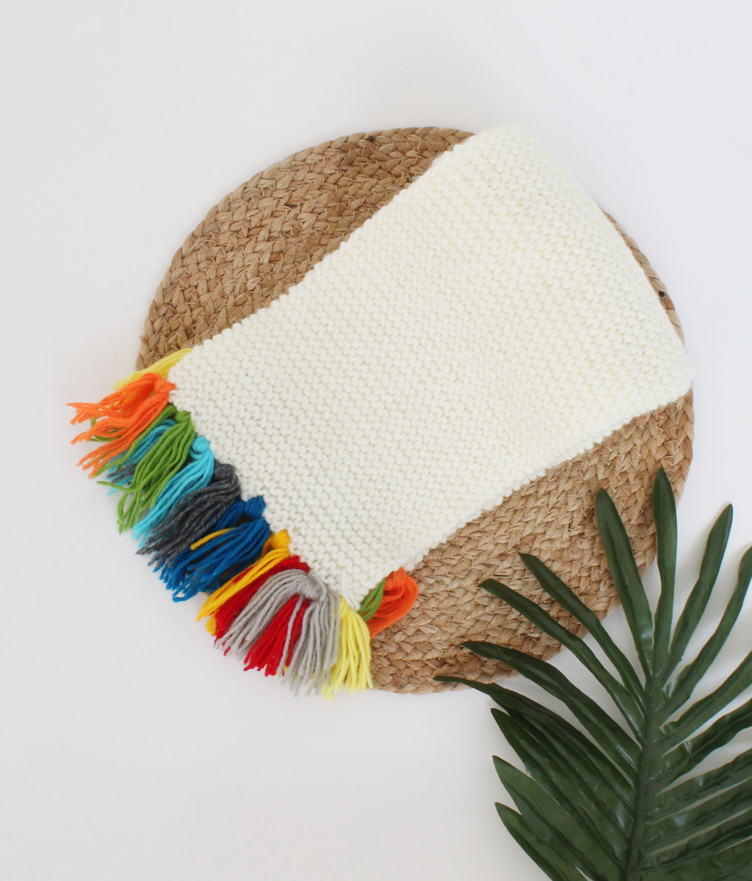 Woonie Handmade Knitted Muffler With Multi Tassel-Off-White