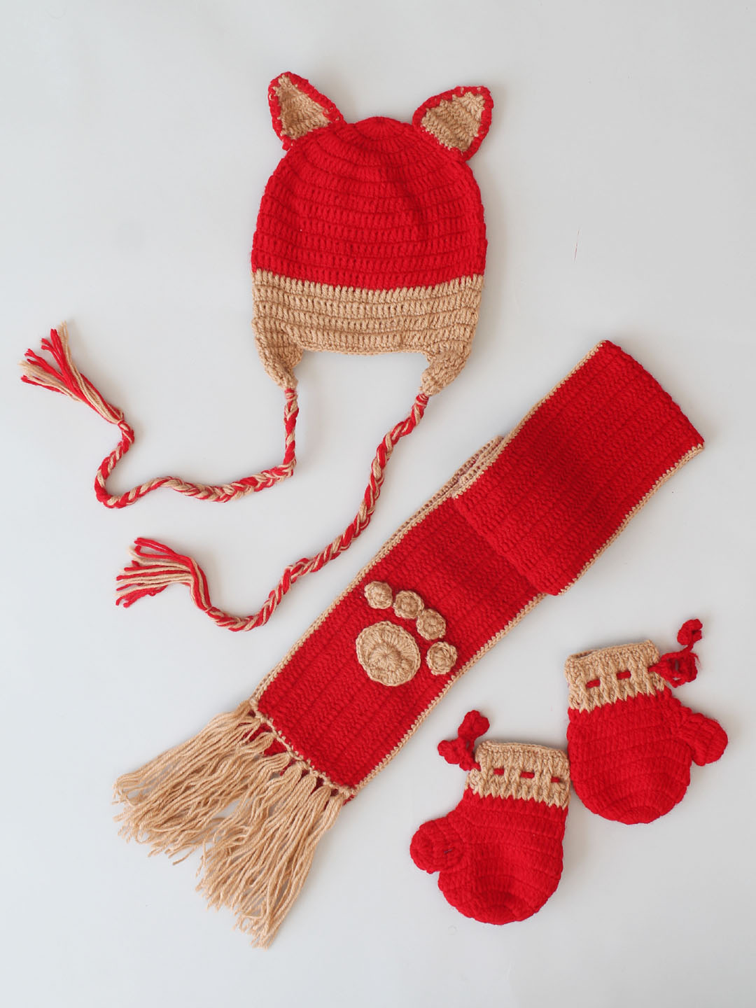 Woonie Handmade Crochet Muffler with Gloves and Cap - Red
