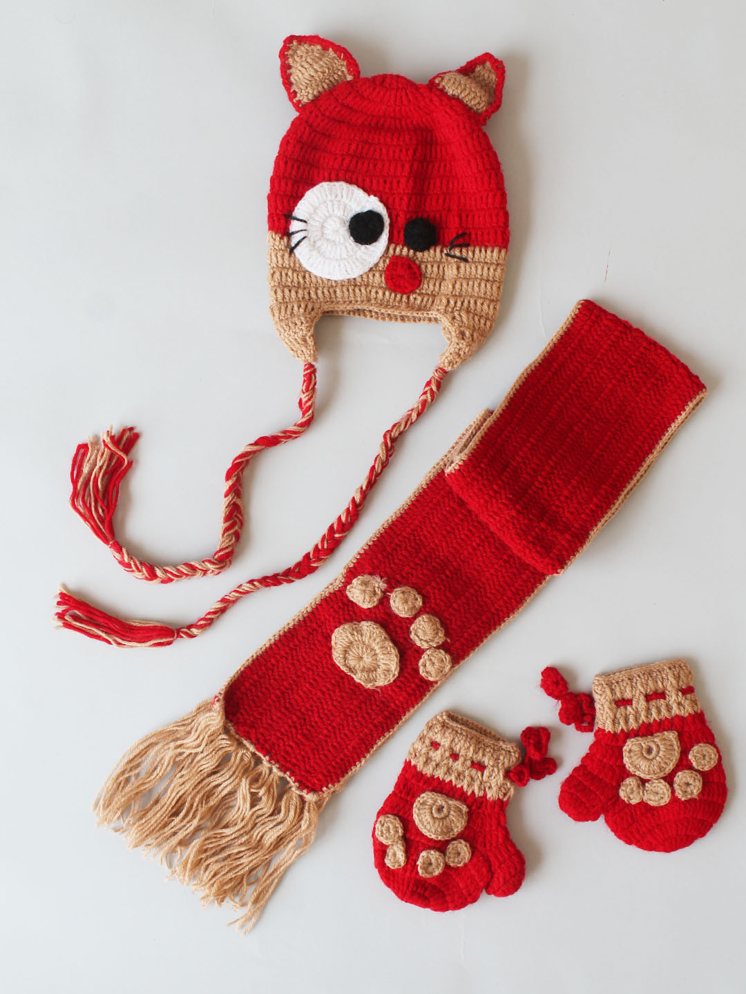 Woonie Handmade Crochet Muffler with Gloves and Cap - Red