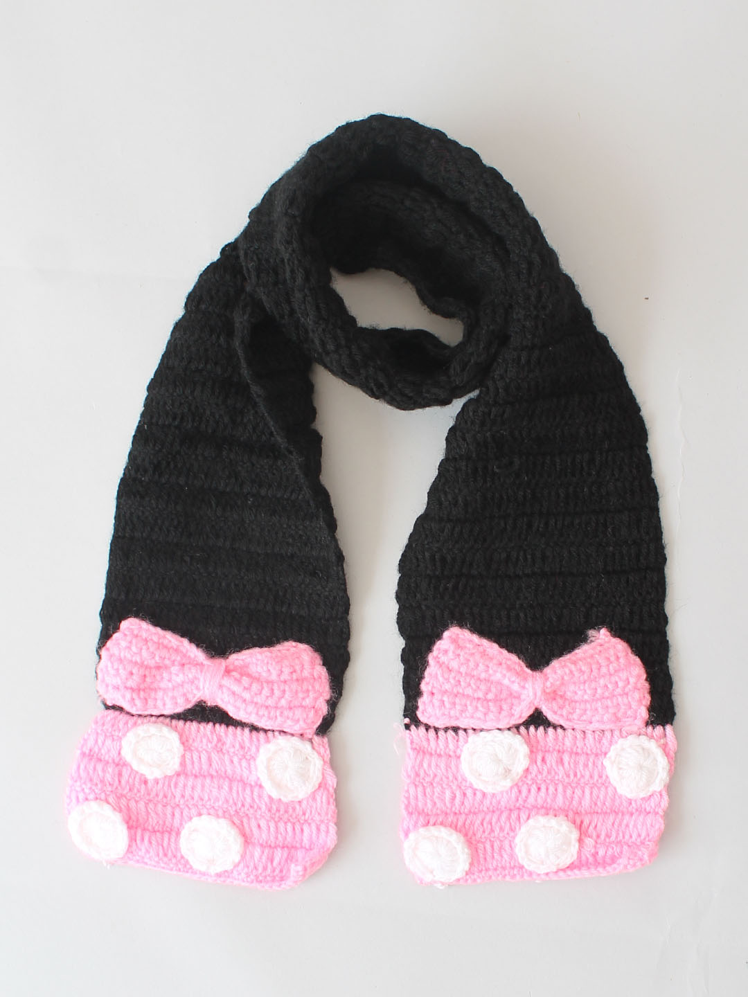 Woonie Handmade Crochet Muffler with Baby Pink Bow - Black