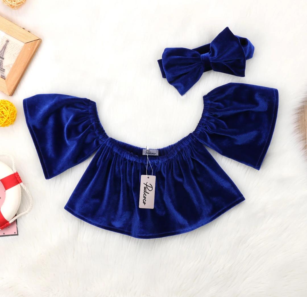 Cold Shoulder Blue Velvet Top With Headband