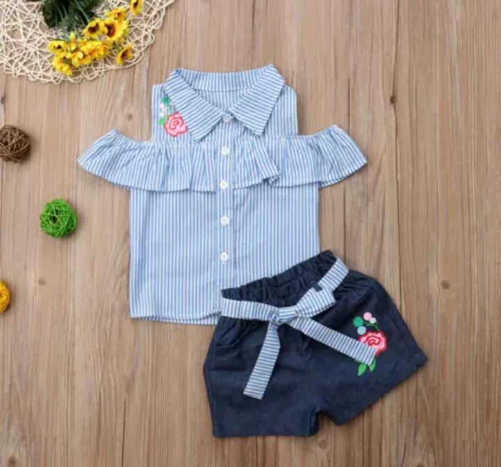 Cold Shoulder Top with Denim Shorts