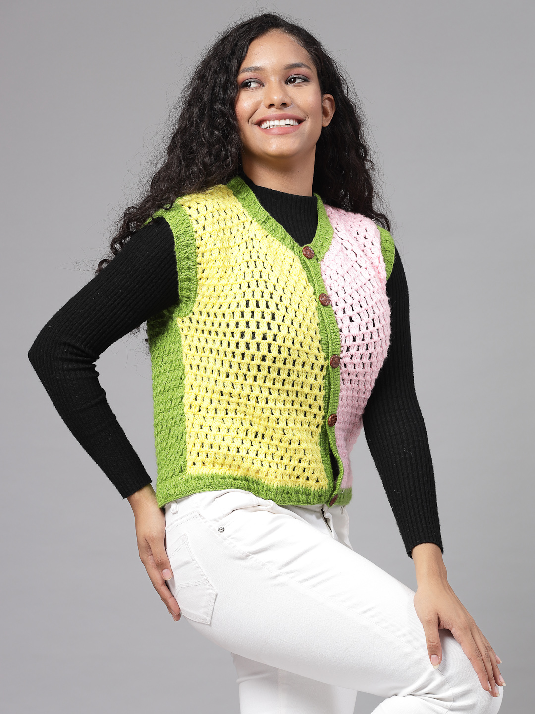 Colour Block Crochet Cardigan for Women - Pink and Green