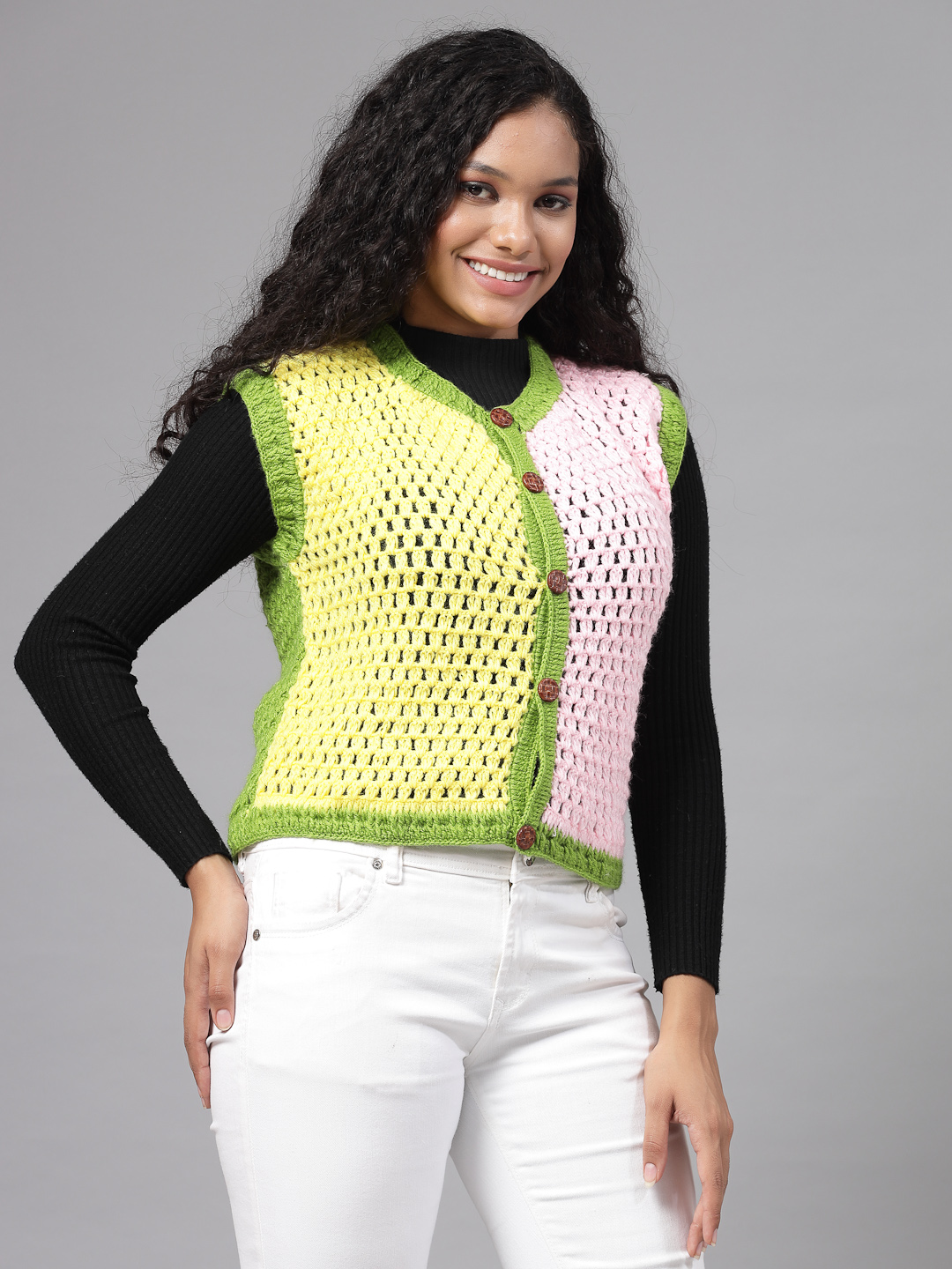 Colour Block Crochet Cardigan for Women - Pink and Green