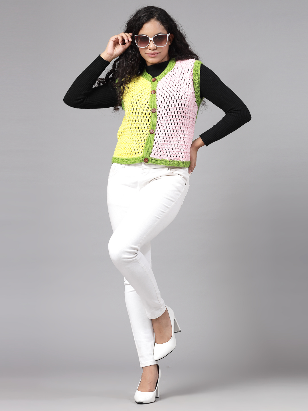 Colour Block Crochet Cardigan for Women - Pink and Green