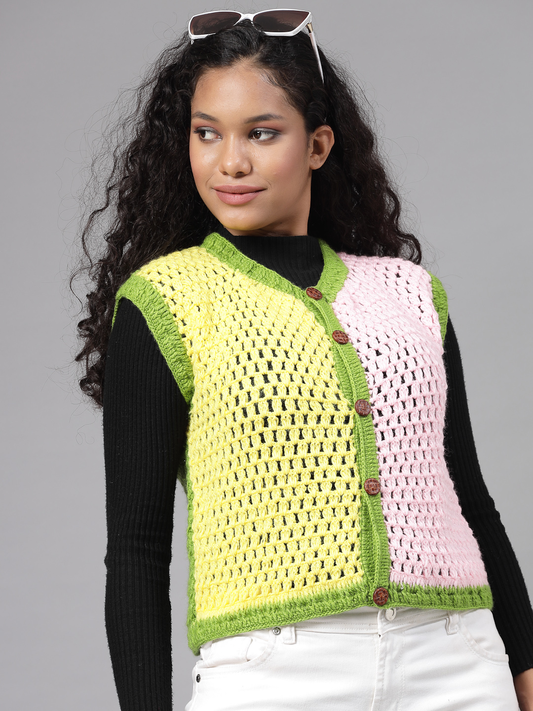Colour Block Crochet Cardigan for Women - Pink and Green