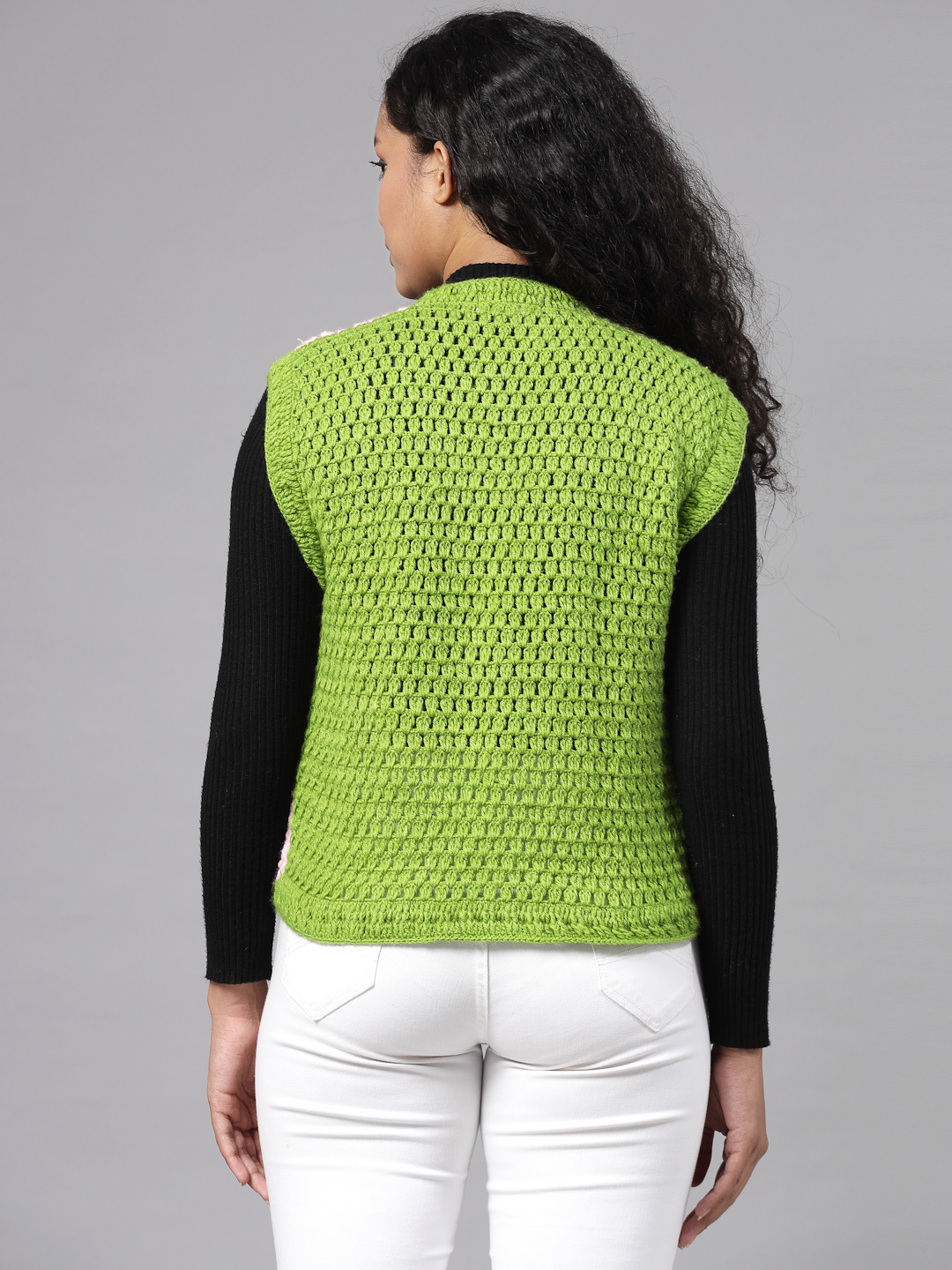 Colour Block Crochet Cardigan for Women - Pink and Green