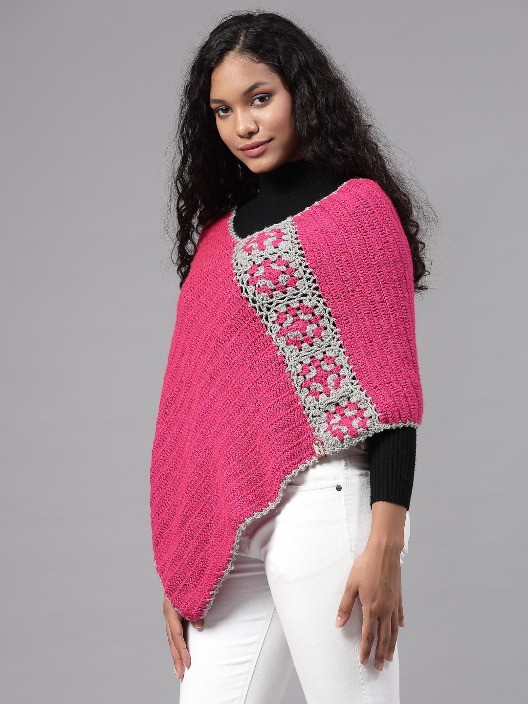 Colour Block Crochet Granny Square Poncho - Pink
