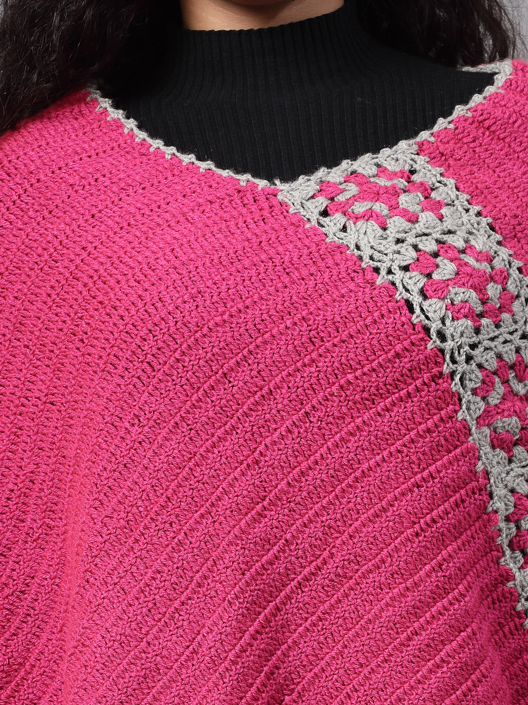 Colour Block Crochet Granny Square Poncho - Pink