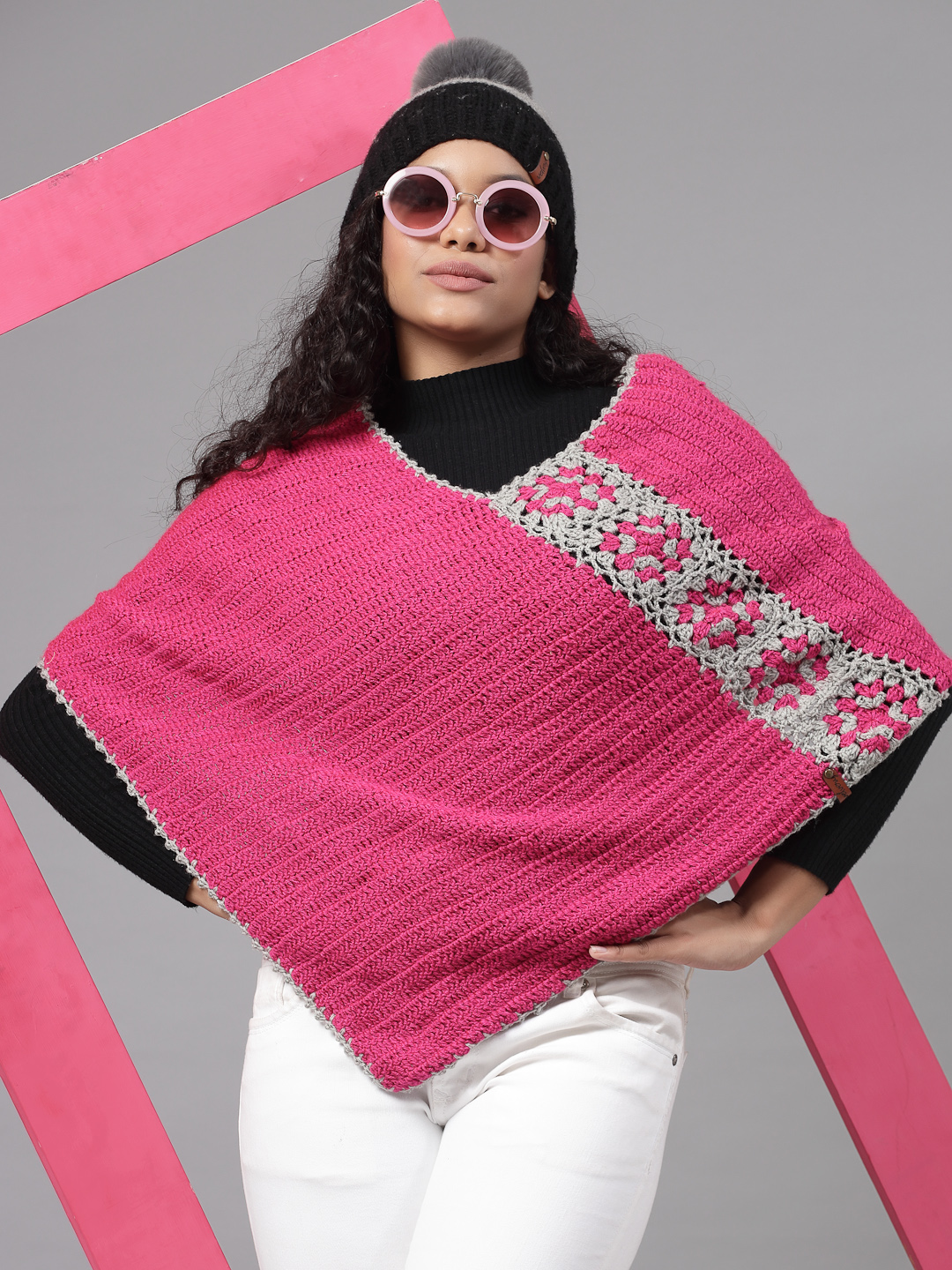 Colour Block Crochet Granny Square Poncho - Pink