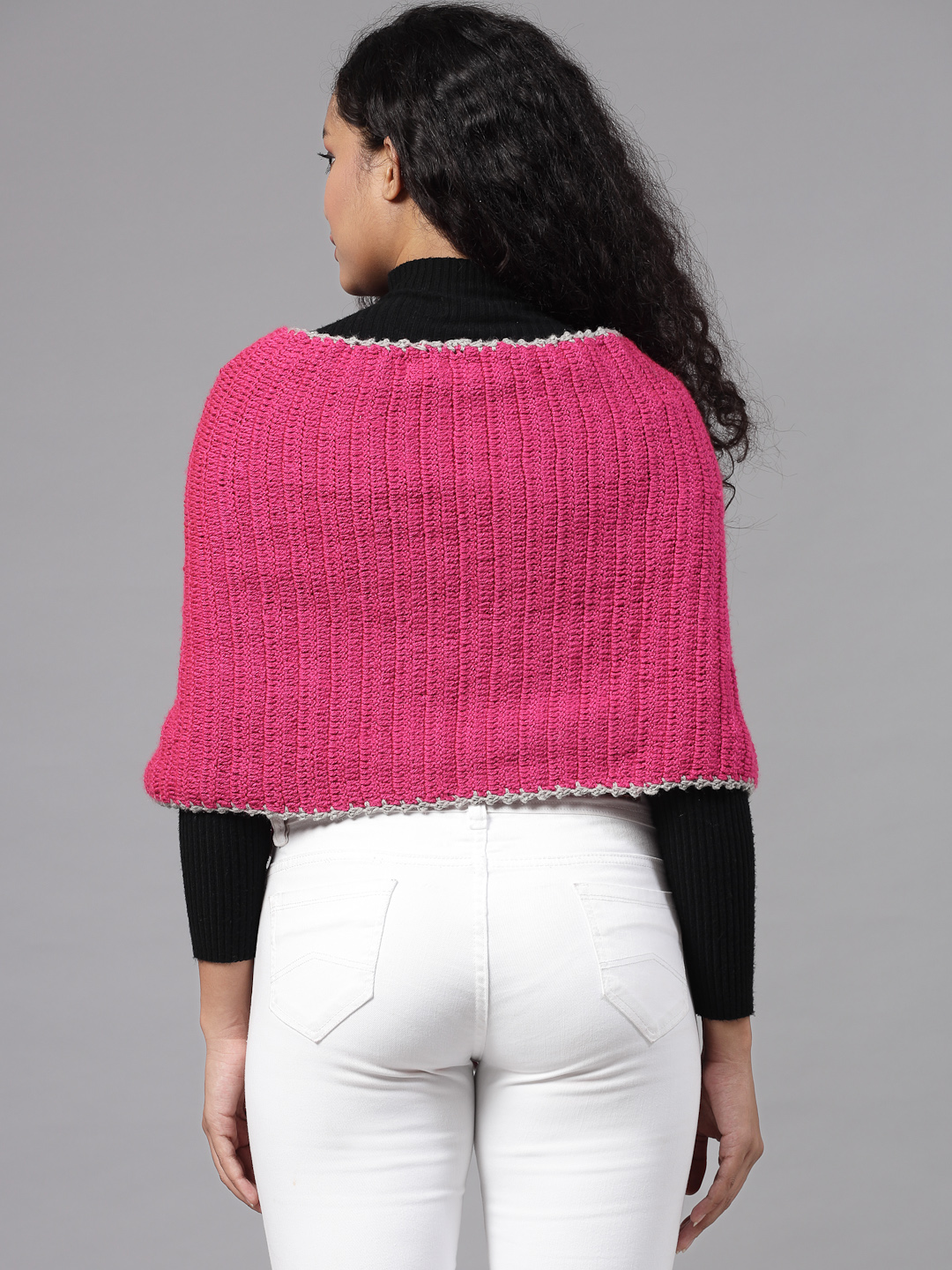 Colour Block Crochet Granny Square Poncho - Pink