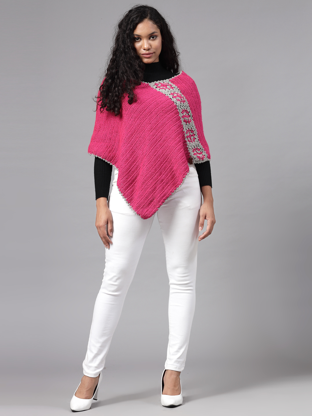 Colour Block Crochet Granny Square Poncho - Pink