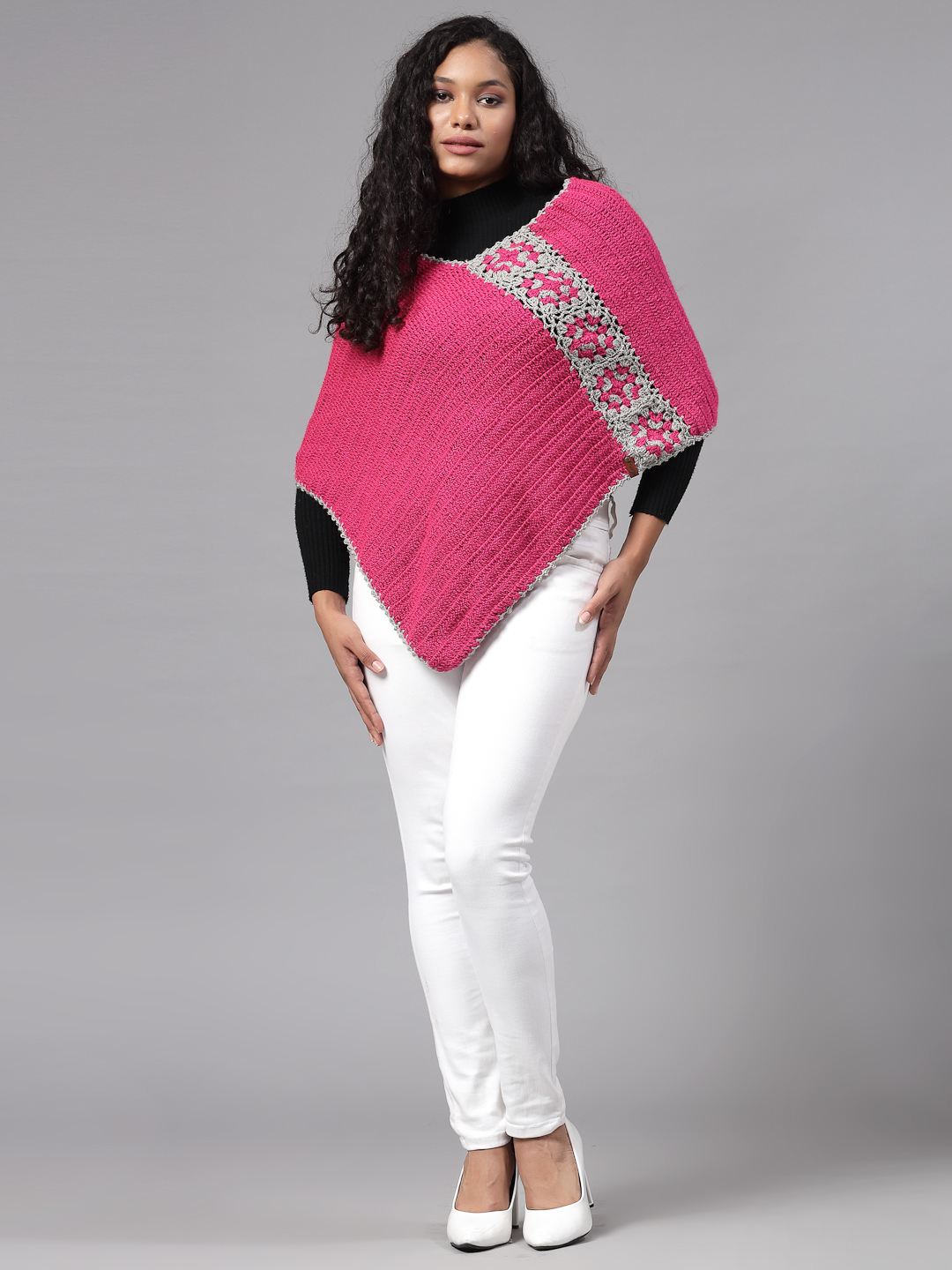 Colour Block Crochet Granny Square Poncho - Pink
