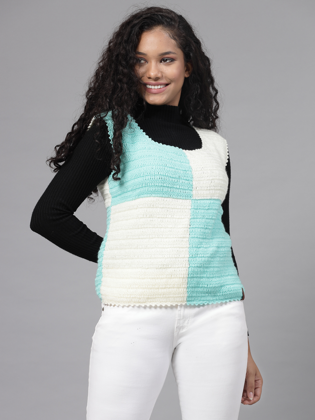 Colour Block Sweater for Women - Cream and Green