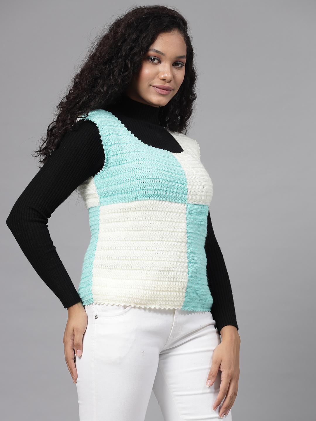 Colour Block Sweater for Women - Cream and Green