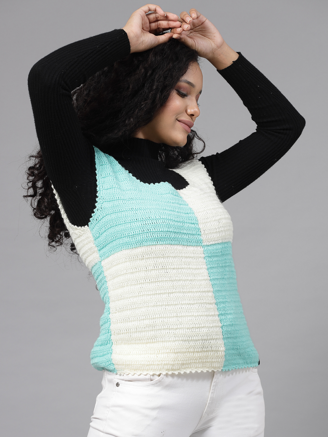 Colour Block Sweater for Women - Cream and Green