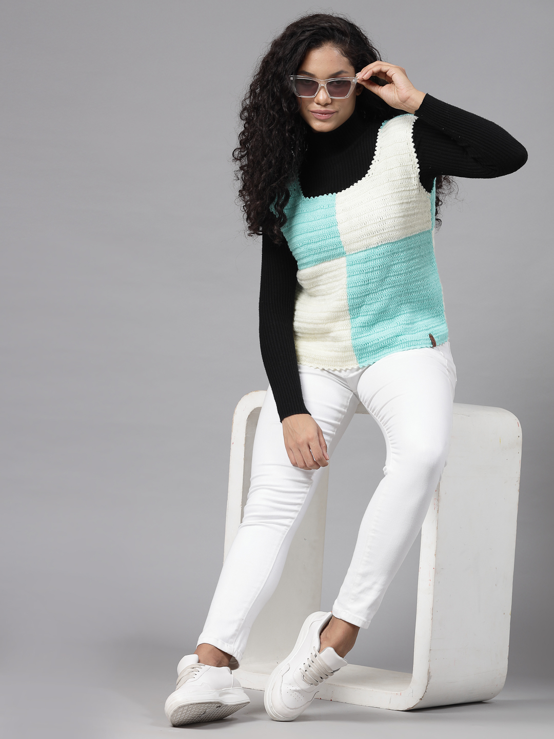 Colour Block Sweater for Women - Cream and Green