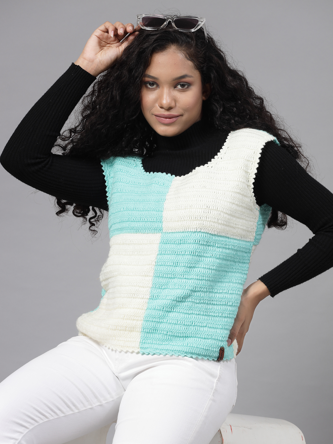 Colour Block Sweater for Women - Cream and Green