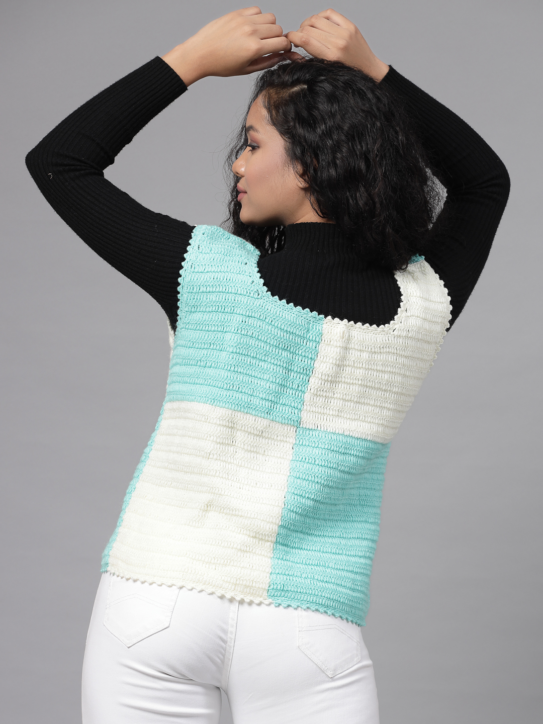 Colour Block Sweater for Women - Cream and Green