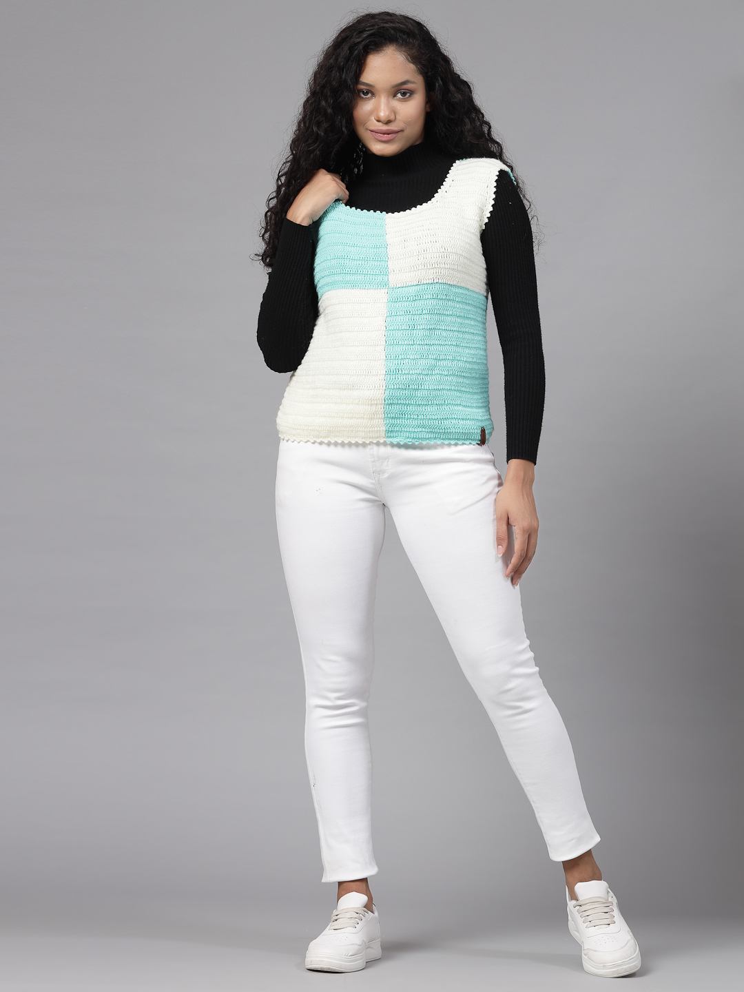 Colour Block Sweater for Women - Cream and Green