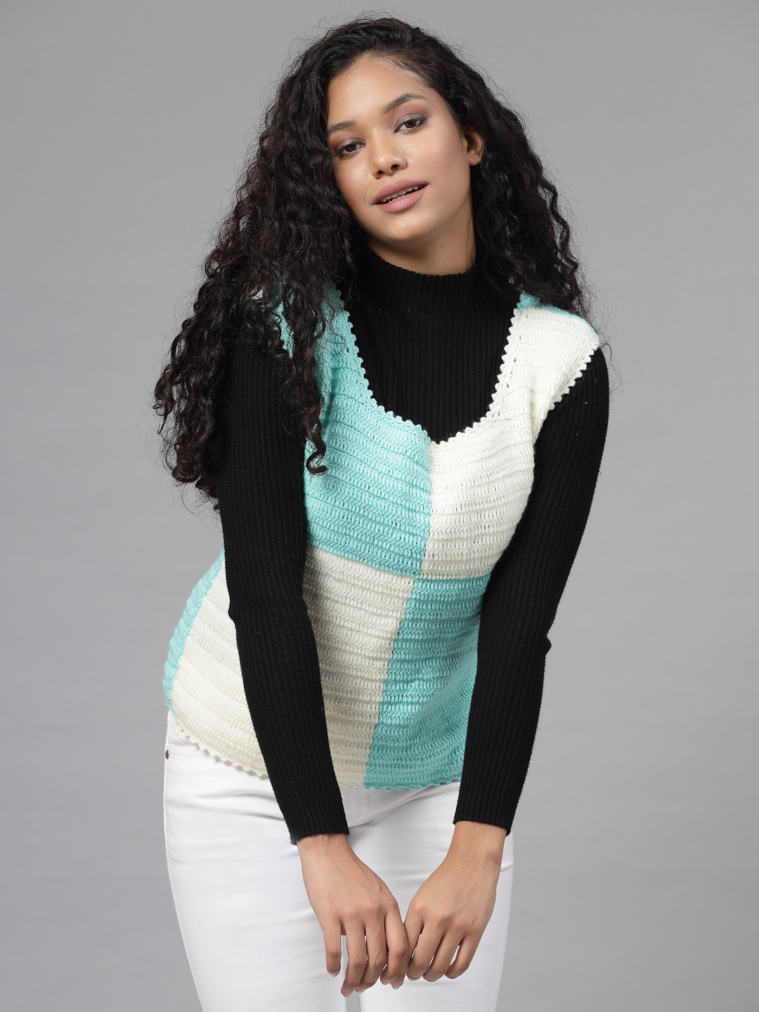 Colour Block Sweater for Women - Cream and Green