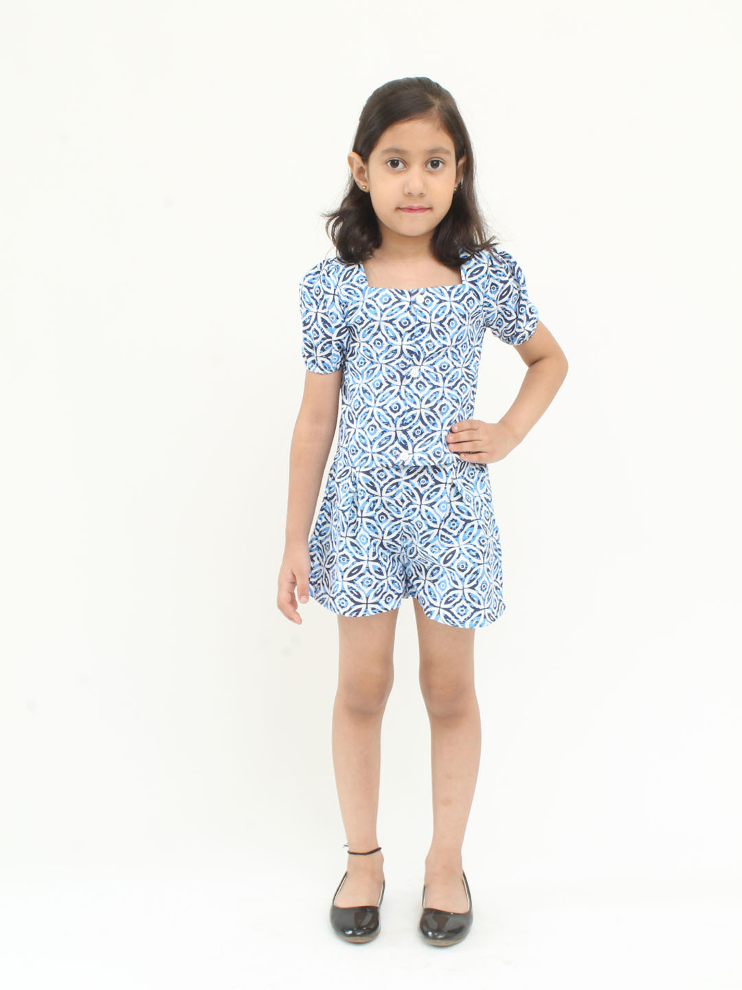 Cotton Puffed Sleeves Circles Design Summer Co ord Set - Blue