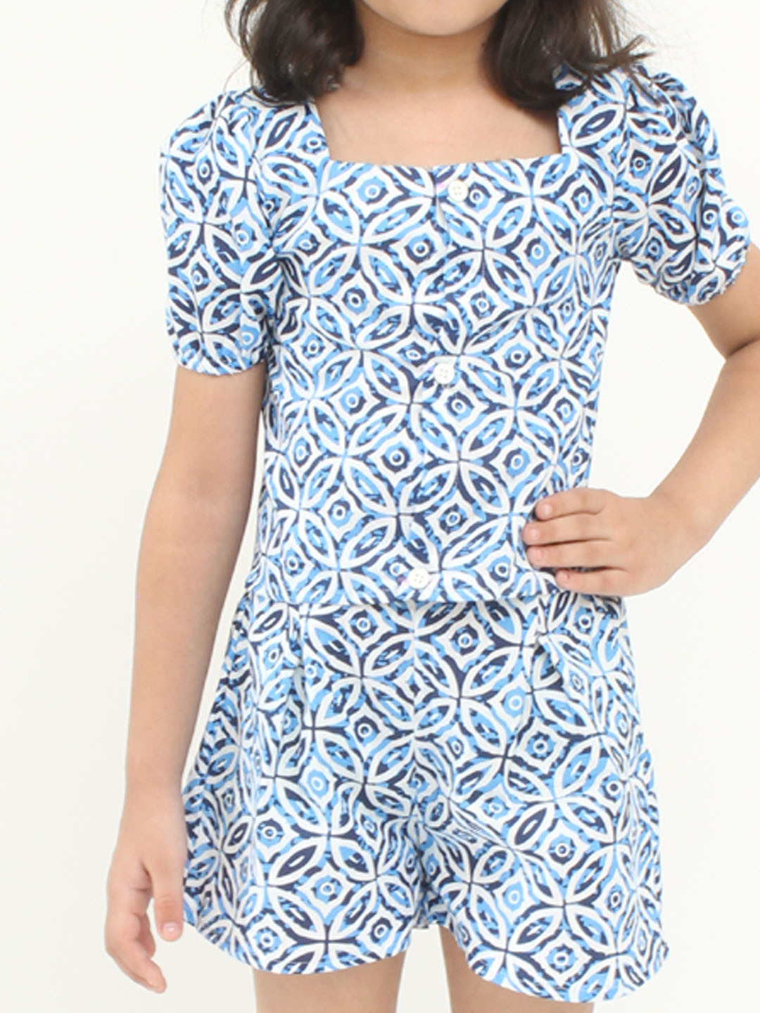 Cotton Puffed Sleeves Circles Design Summer Co ord Set - Blue